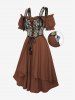 Plus Size Medieval Renaissance Cat Print Corset Lace Up Tassel Ruffles Pocket Cold Shoulder 2 In 1 Dress Halloween Tavern Wench Costume -  