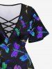 Plus Size Flower Dragonfly Print Printed Lattice Crisscross Flare Sleeve Maternity T-shirt -  