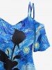 Plus Size Cold Shoulder Spiral Painting Rose Flower Print Cami T-shirt -  