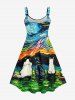 Plus Size Oil Painting Swirls Dog Cat Grassland Mountains Print Tank Dress -  