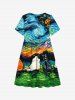 Kid's Oil Painting Swirls Dog Cat Grassland Mountains Print Dress -  