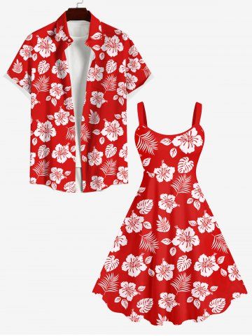 Flower Coconut Leaves Print Plus Size Matching Hawaii Beach Outfit For Couples - RED