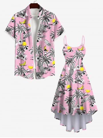 Coconut Tree Floral Banana Pineapple Beach Print Plus Size Matching Hawaii Beach Outfit For Couples - LIGHT PINK