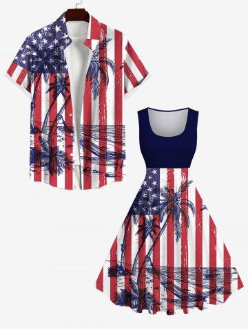 Coconut Tree Sea American Flag Striped Print Plus Size Matching Hawaii Beach Outfit For Couples - MULTI-A