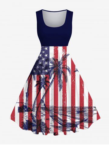 Plus Size Coconut Tree Sea American Flag Striped Print Hawaii 1950s Vintage A Line Dress - MULTI-A - XS