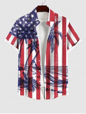 Plus Size Coconut Tree Sea American Flag Strip Printed Hawaii Button Pocket Shirt For Men - MULTI-A - L