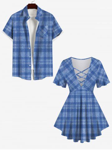 Plaid Print Lattice T-shirt and Button Pocket Shirt Plus Size Matching Set For Couples - DEEP BLUE