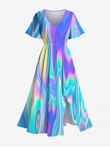 Plus Size Colorful Psychedelic Trippy Ripple Print Split Dress - MULTI-A - 3X