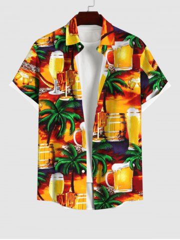 Plus Size Coconut Tree Beer Mug Barrel Print Buttons Pocket Hawaii Shirt For Men - ORANGE - S