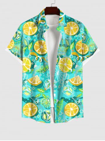 Plus Size Orange Ice Cubes Mint Leaf Print Buttons Pocket Hawaii Shirt For Men - GREEN - S