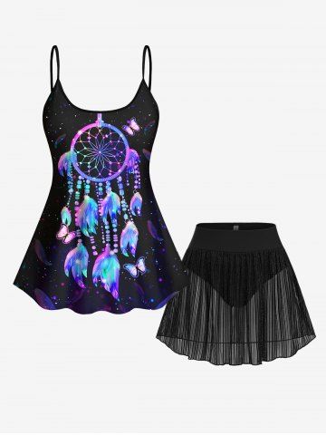 Glitter Feather Dreamcatcher Butterfly Galaxy Print Tankini Top and Silver Line Mesh Sheer Skirted Swim Bottom Plus Size Outfit - BLACK