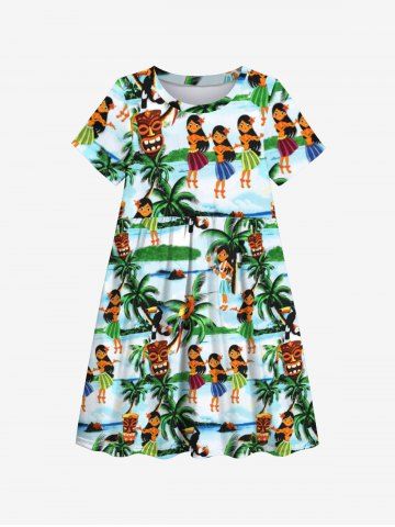 Kid's Ethnic Hula Dance Girls Parrot Tiki Mask Coconut Tree Print Hawaii Dress - MULTI-A - 110
