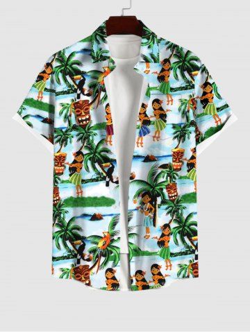 Plus Size Ethnic Hula Dance Girls Parrot Tiki Mask Coconut Tree Print Buttons Pocket Hawaii Shirt For Men - MULTI-A - M