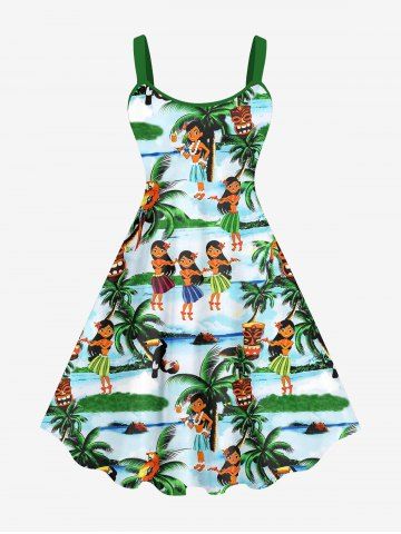 Plus Size Ethnic Hula Dance Girls Parrot Tiki Mask Coconut Tree Print Hawaii Tank Dress - MULTI-A - 2X