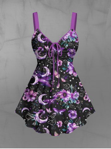 Gothic Butterfly Floral Moon Galaxy Print Cinched Tank Top - BLACK - 4X