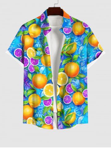 Plus Size Lemon Orange Leaf Print Hawaii Button Pocket Shirt For Men - MULTI-A - S