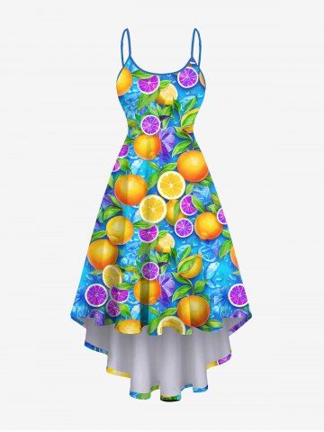 Plus Size Colorful Lemon Orange Leaf Print High Low Asymmetric Hawaii Cami Dress - MULTI-A - M
