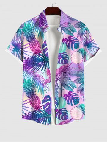 Plus Size Colorful Ombre Coconut Leaves Pineapple Print Hawaii Button Pocket Shirt For Men - MULTI-A - S