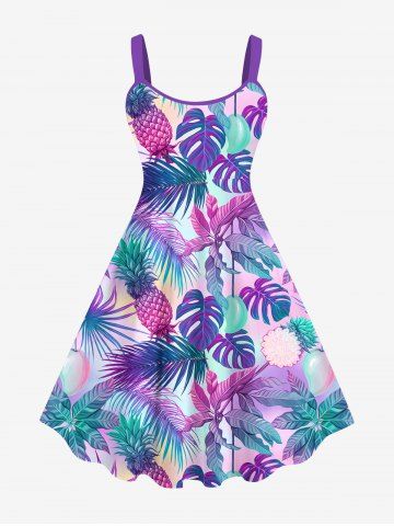 Plus Size Colorful Ombre Coconut Leaves Pineapple Print Hawaii Backless A Line Tank Dress - MULTI-A - 4X