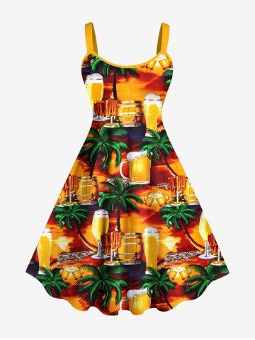 Plus Size Coconut Tree Beer Mug Barrel Print Hawaii Tank Dress - ORANGE - 1X