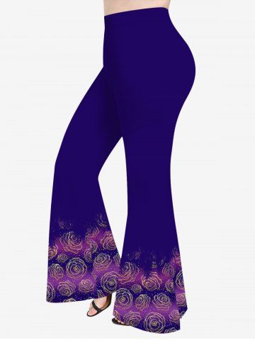 Pantalon Évasé Ombré Imprimé à Rayures et Fleurs Grande Taille - DEEP BLUE - 6X