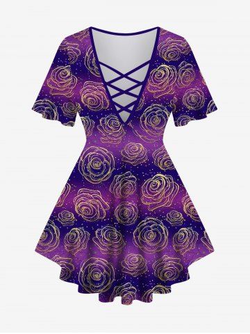 Plus Size Rose Flower Ombre Colorblock Stripe Print Lattice Crisscross Flare Sleeve T-shirt - MULTI-A - L