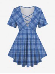 Plus Size Plaid Print Lattice T-shirt -  