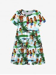 Kid's Ethnic Hula Dance Girls Parrot Tiki Mask Coconut Tree Print Hawaii Dress -  