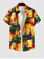 Plus Size Coconut Tree Beer Mug Barrel Print Buttons Pocket Hawaii Shirt For Men -  
