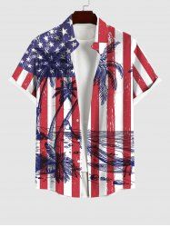 Plus Size Coconut Tree Sea American Flag Strip Printed Hawaii Button Pocket Shirt For Men -  