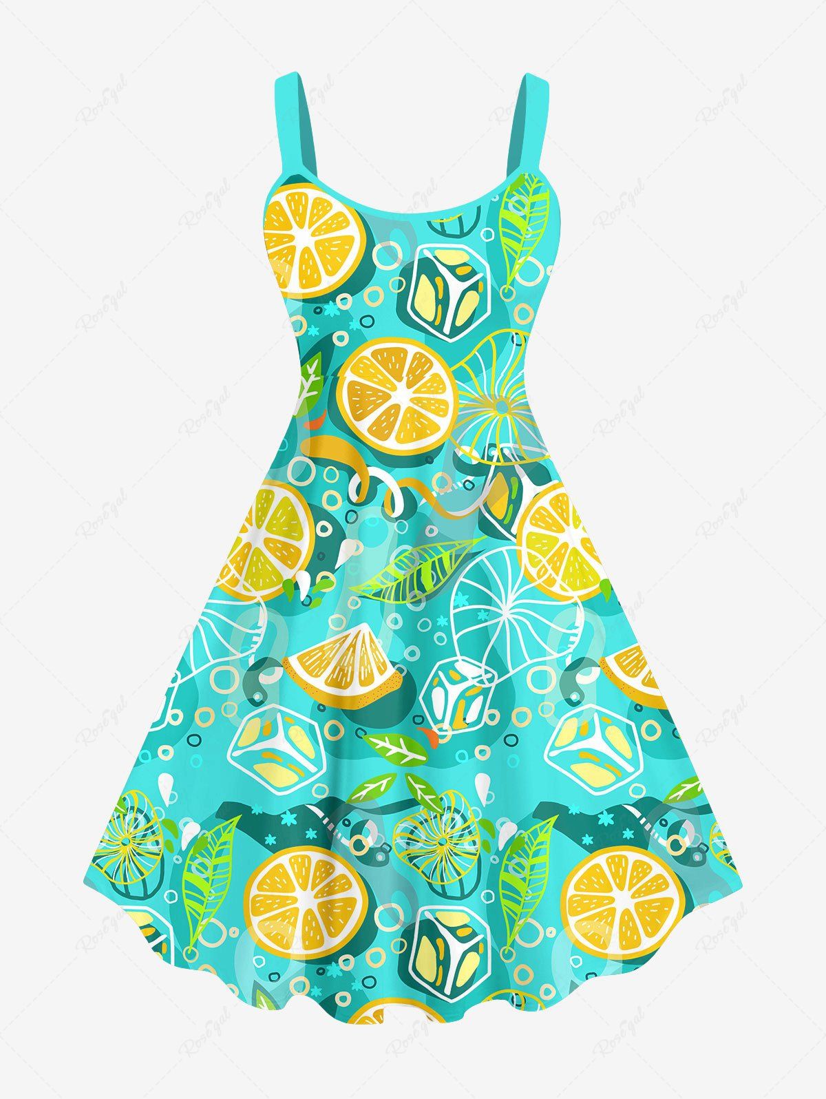 Store Plus Size Orange Ice Cubes Mint Leaf Print Hawaii Tank Dress  