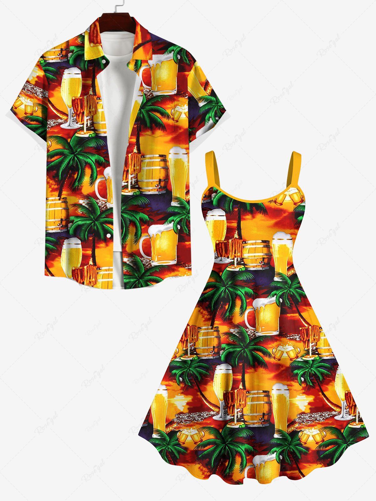 Affordable Coconut Tree Beer Mug Barrel Print Plus Size Matching Hawaii Beach Outfit For Couples  