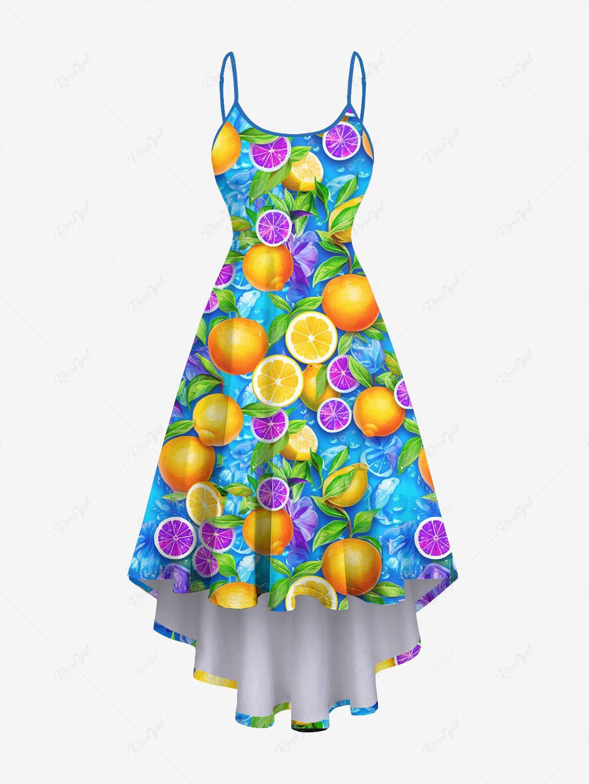 Chic Plus Size Colorful Lemon Orange Leaf Print High Low Asymmetric Hawaii Cami Dress  