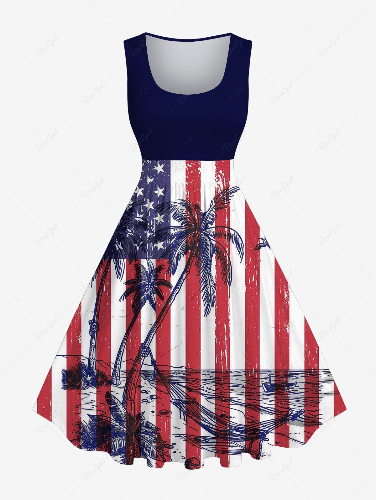 Unique Plus Size Coconut Tree Sea American Flag Striped Print Hawaii 1950s Vintage A Line Dress  