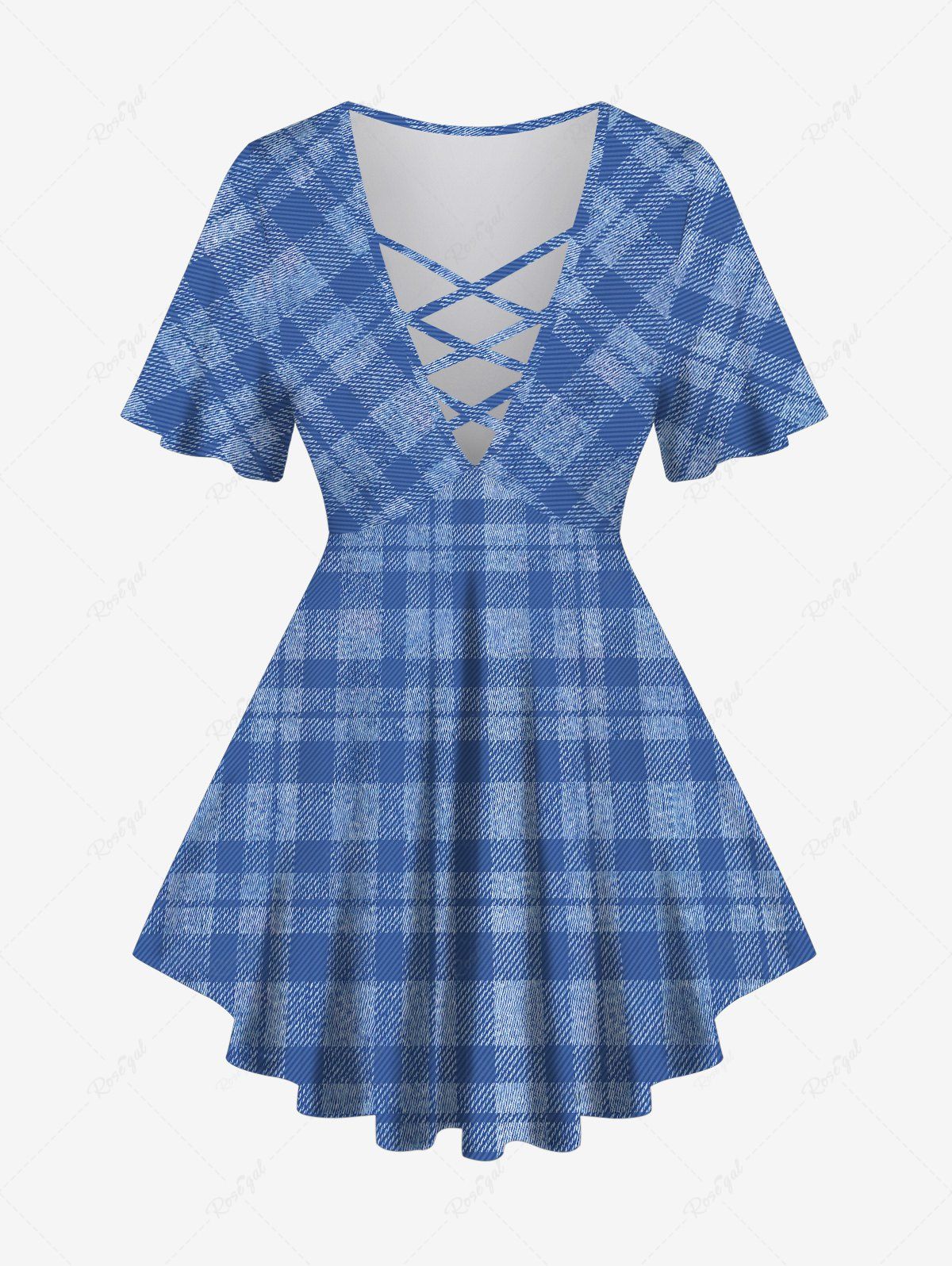Cheap Plus Size Plaid Print Lattice T-shirt  