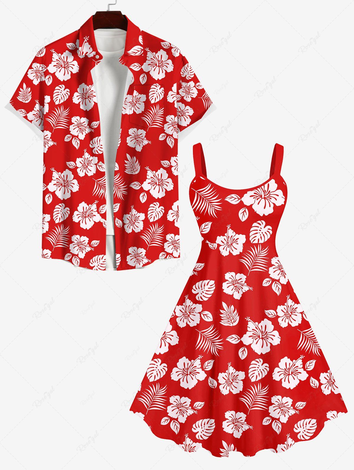 Store Flower Coconut Leaves Print Plus Size Matching Hawaii Beach Outfit For Couples  
