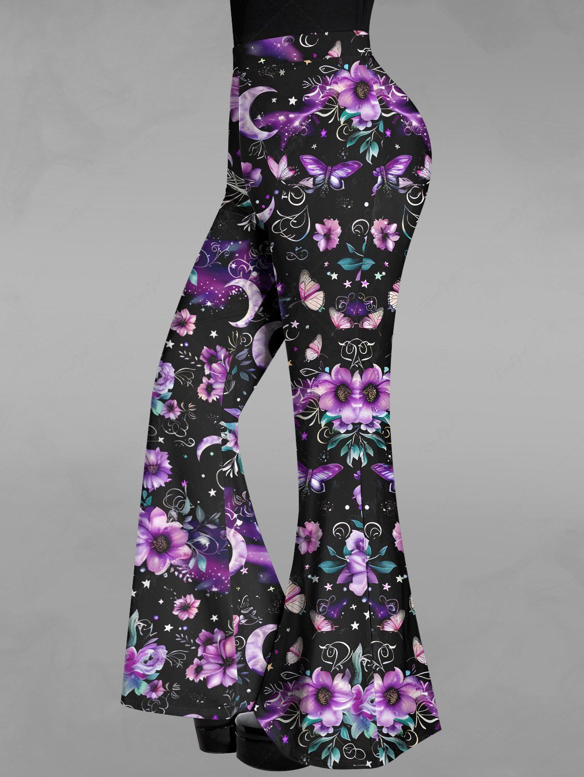 Chic Gothic Floral Butterfly Moon Galaxy Print Flare Pants  