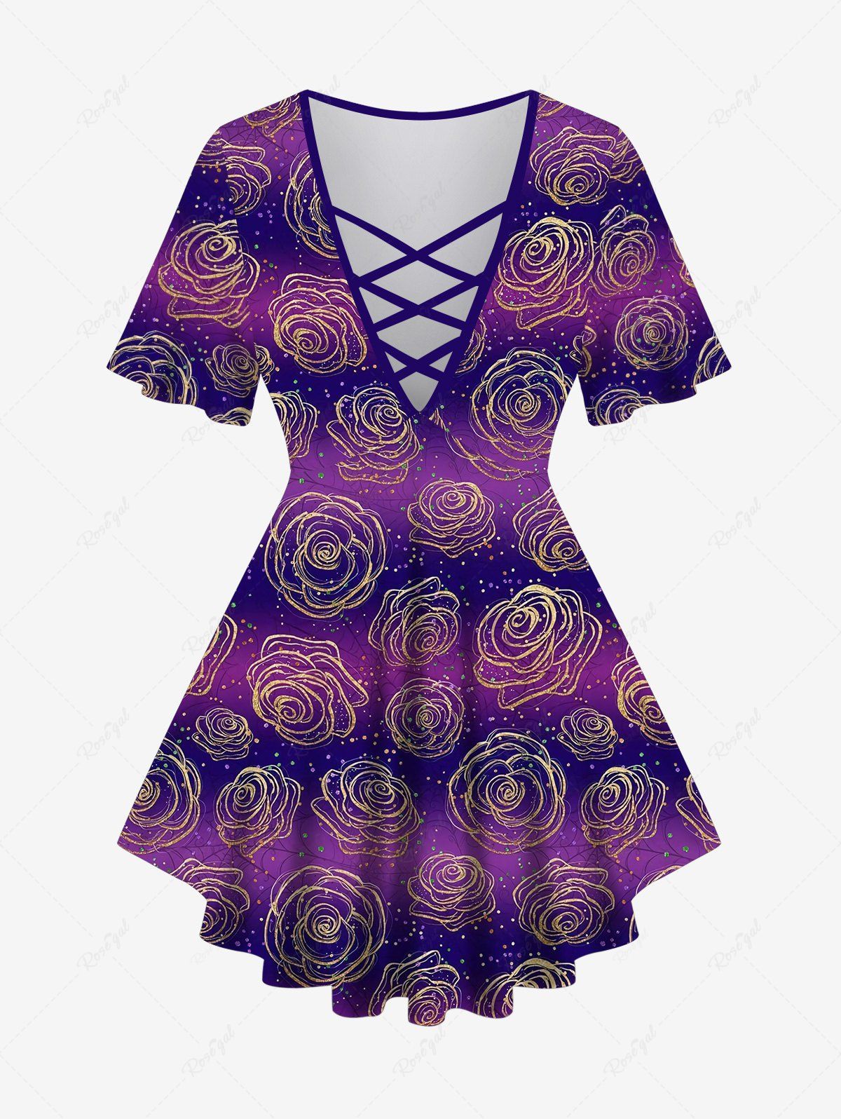 Fancy Plus Size Rose Flower Ombre Colorblock Stripe Print Lattice Crisscross Flare Sleeve T-shirt  