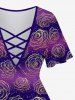Plus Size Rose Flower Ombre Colorblock Stripe Print Lattice Crisscross Flare Sleeve T-shirt -  
