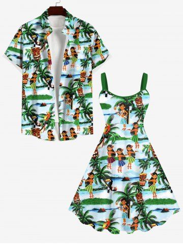 Ethnic Hula Dance Girls Parrot Tiki Mask Coconut Tree Print Plus Size Matching Hawaii Beach Outfit For Couples - MULTI-A