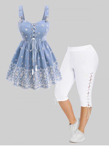 Tassel Lace Up Panel Hollow Out Floral Embroidery Tank Top and High Waisted Capri Pants Plus Size Summer Outfit - LIGHT BLUE