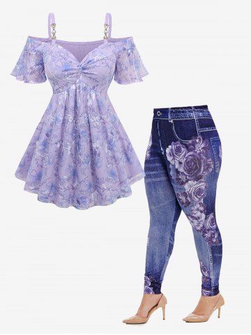 Flower Print Embroidery Twist Pearl Buckle Cold Shoulder Top and Floral Gym 3D Jeggings Plus Size Summer Outfit - LIGHT PURPLE