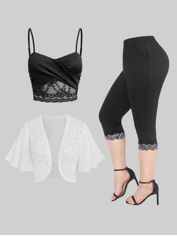 Floral Lace Panel Patchwork Crossover Cami Top and Bolero Jacket and Pocket Leggings Plus Size Outfit - BLACK