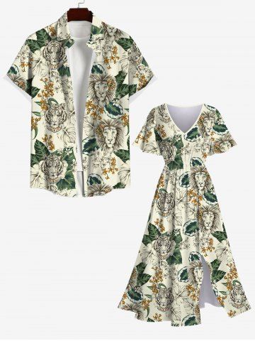 Lion Tiger Coconut Leaves Floral Print Plus Size Matching Hawaii Beach Outfit For Couples - MULTI-A
