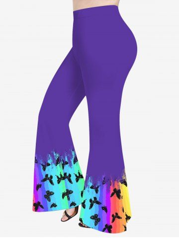 Plus Size Ombre Rainbow Color Butterfly Print Flare Pants - MULTI-A - 1X