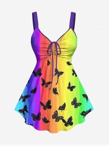 Plus Size Ombre Rainbow Color Butterfly Print Cinched Tank Top - MULTI-A - S