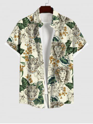 Plus Size Tiger Lion Coconut Leaves Floral Print Hawaii Button Pocket Shirt For Men - MULTI-A - 4XL