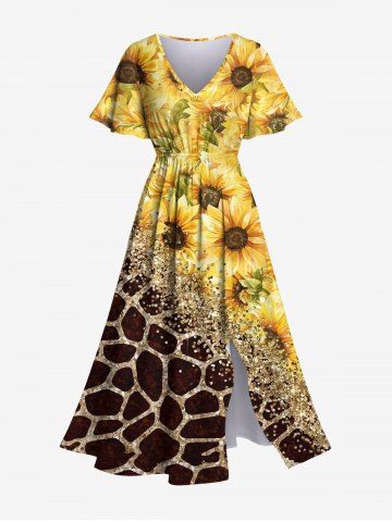 Plus Size Sunflower Sequins Stone Colorblock Print Split Pocket A Line Dress - MULTI-A - XS