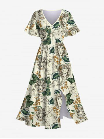 Plus Size Lion Tiger Coconut Leaves Floral Print Hawaii Pocket Split A Line Dress - MULTI-A - S