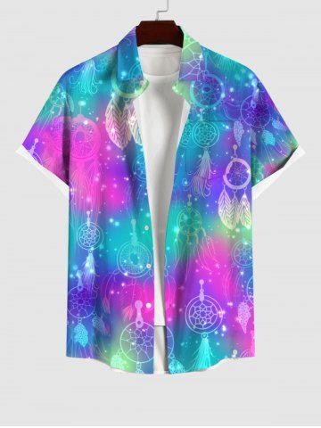 Plus Size Dreamcatcher Glitter Ombre Galaxy Print Button Pocket Shirt For Men - MULTI-A - S